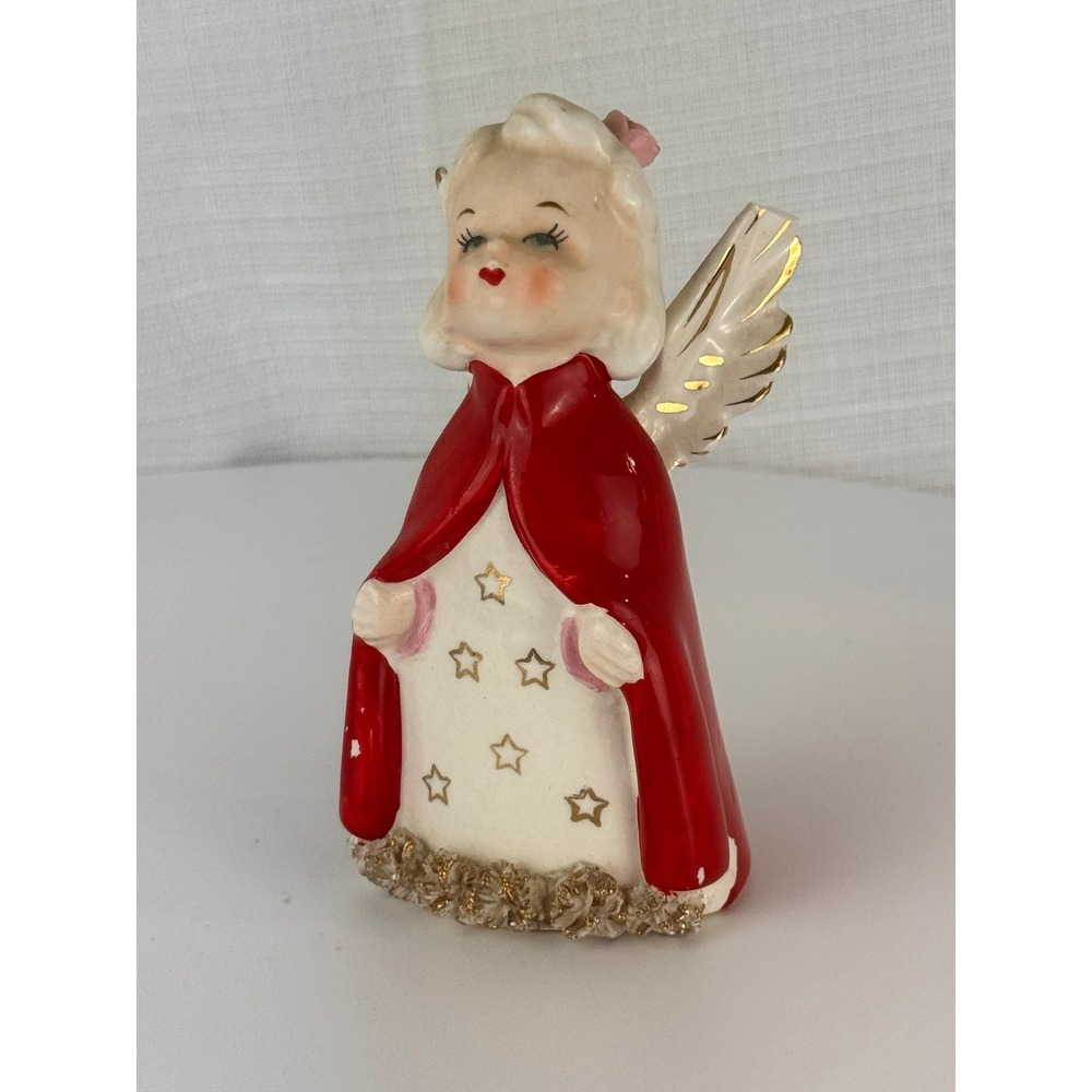 Vintage 1950s Japan Ceramic Angel Figurine Red Cape Gold Stars Spaghetti Trim